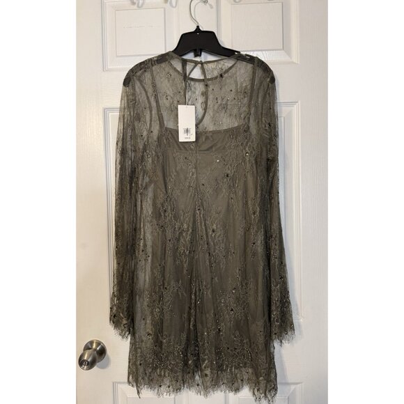 Mango Green Long Sleeve Lace Sequin Bead Dress L Large Olive Green $159 NEW - Picture 10 of 15